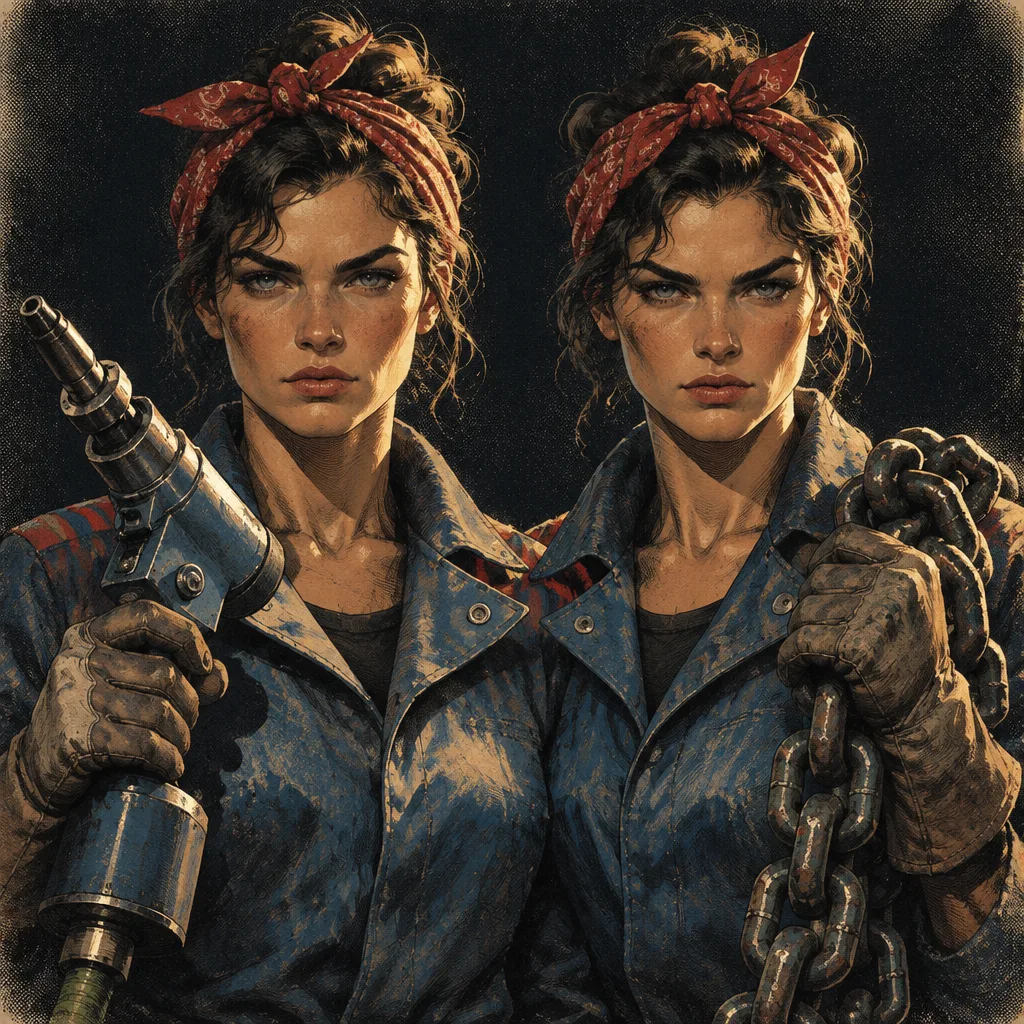 Rivet Sisters: dua perempuan kembar berbandana merah dan berjaket kerja biru, satu memegang pistol paku keling, satu memegang rantai.
